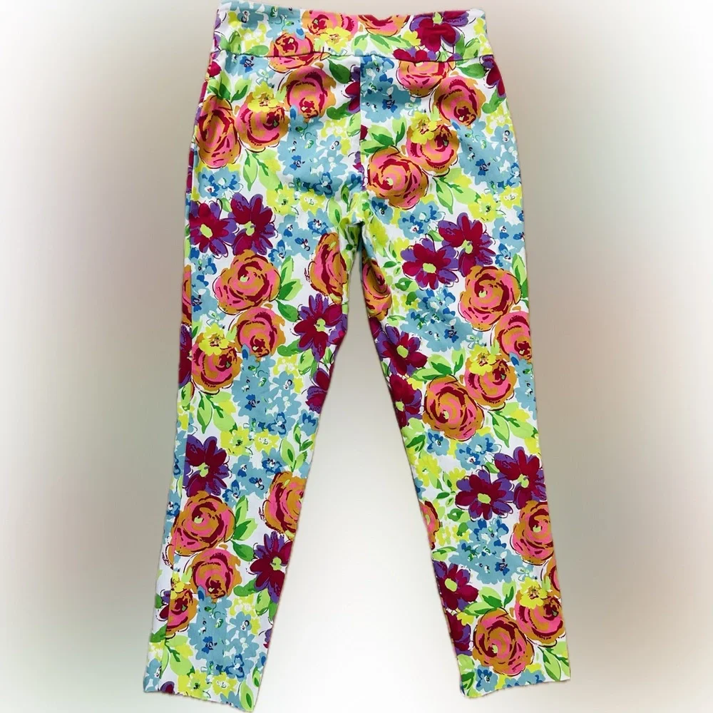 LN Peck & Peck SZ 8 White Floral Cropped Multi-Color Pull-on Pants/waist 30”-34” - Picture 3 of 8